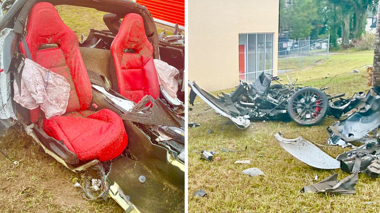 Corvette queda destrozado tras chocar contra poste y derribar líneas eléctricas en el condado Marion