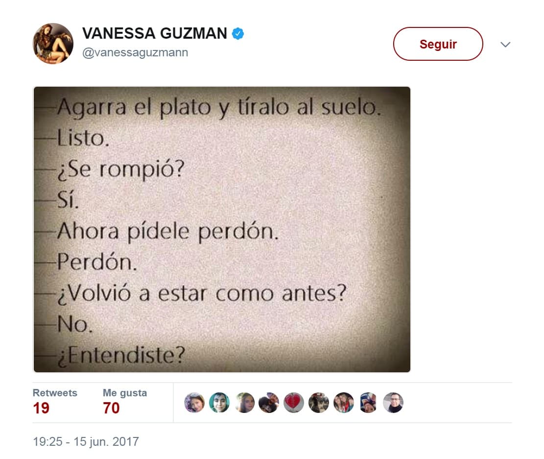 La actriz compartió una imagen con un dialogo que explica que luego de hacer daño no basta con pedir perdón.