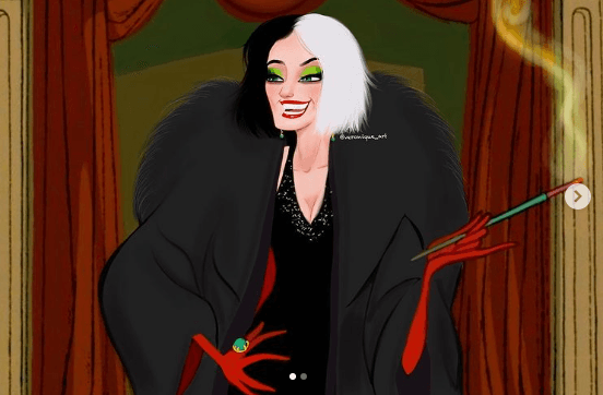 Por eso, la ilustación de Cruella de Vil con un look moderno impresionó a los internautas. En ella, el personaje luce su característico abrigo (pero ahora de color negro), un entallado vestido aderezado con perlas en el escote y un brillante maquillaje de sombras verdes y labial rojo.