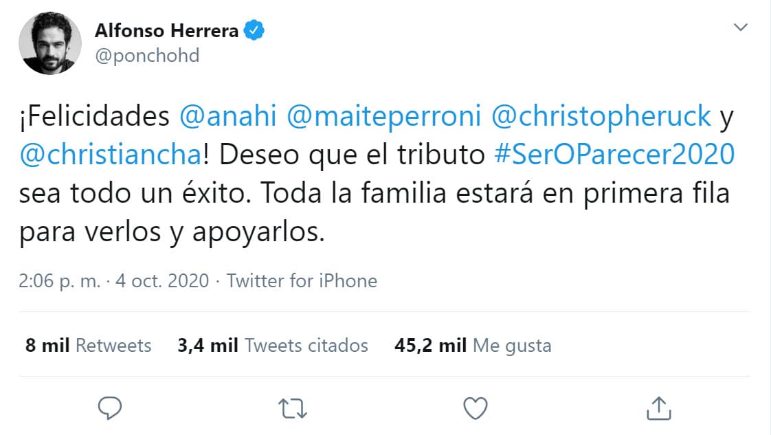 "
<b><a href="https://twitter.com/ponchohd/status/1312831592713379840" target="_blank">Toda la familia estará en primera fila</a></b> para verlos y apoyarlos", agregó.