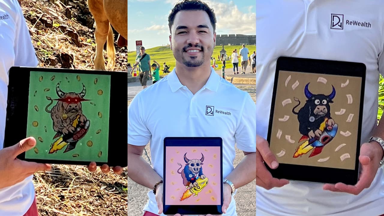 Wilberto Rodriguez displays three of his recently acquired Wall St Bull NFTs while visiting his family in Puerto Rico in December.
