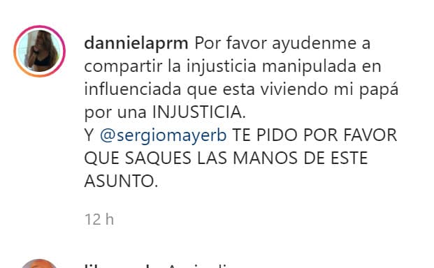"Sergio Mayer: 
<b><a href="https://www.univision.com/famosos/sergio-mayer-natalia-subtil-abuso-sexual-hijo-sergio-mayer-mori" target="_blank">te pido por favor que saques las manos</a> </b>de este asunto", le exigió Daniela Parra al también cantante. 
<br>