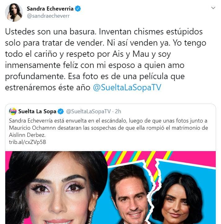 Se llegó a señalar a la actriz
<b> <a href="https://www.univision.com/famosos/ustedes-son-una-basura-sandra-echeverria-arremete-contra-quienes-inventaron-que-le-quito-el-marido-a-aislinn-derbez-fotos" target="_blank">Sandra Echeverría</a></b> como la supuesta 'tercera en discordia'. Aunque ella misma negó esas versiones, Ochmann dejó claro en la entrevista que en su separación no hubo terceros. 
<br>