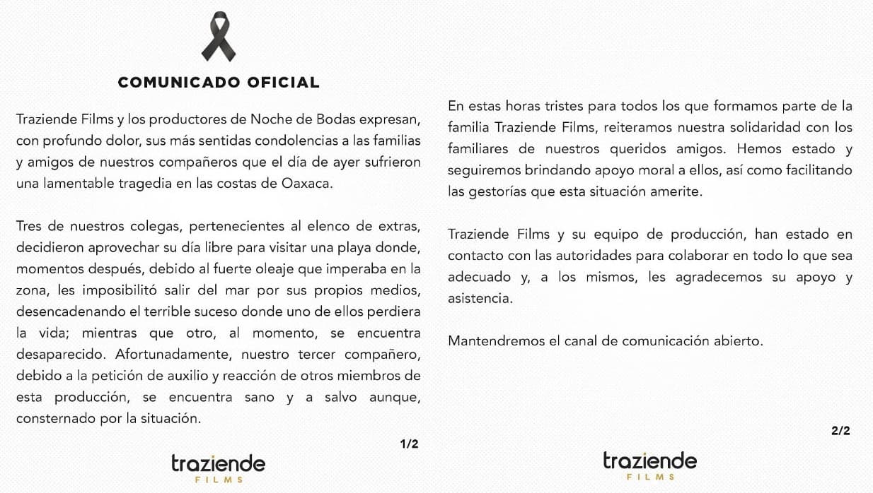 La productora Traziende Films se pronunció sobre la muerte de dos actores que perteneciían a la película 'Noche de Bodas'.