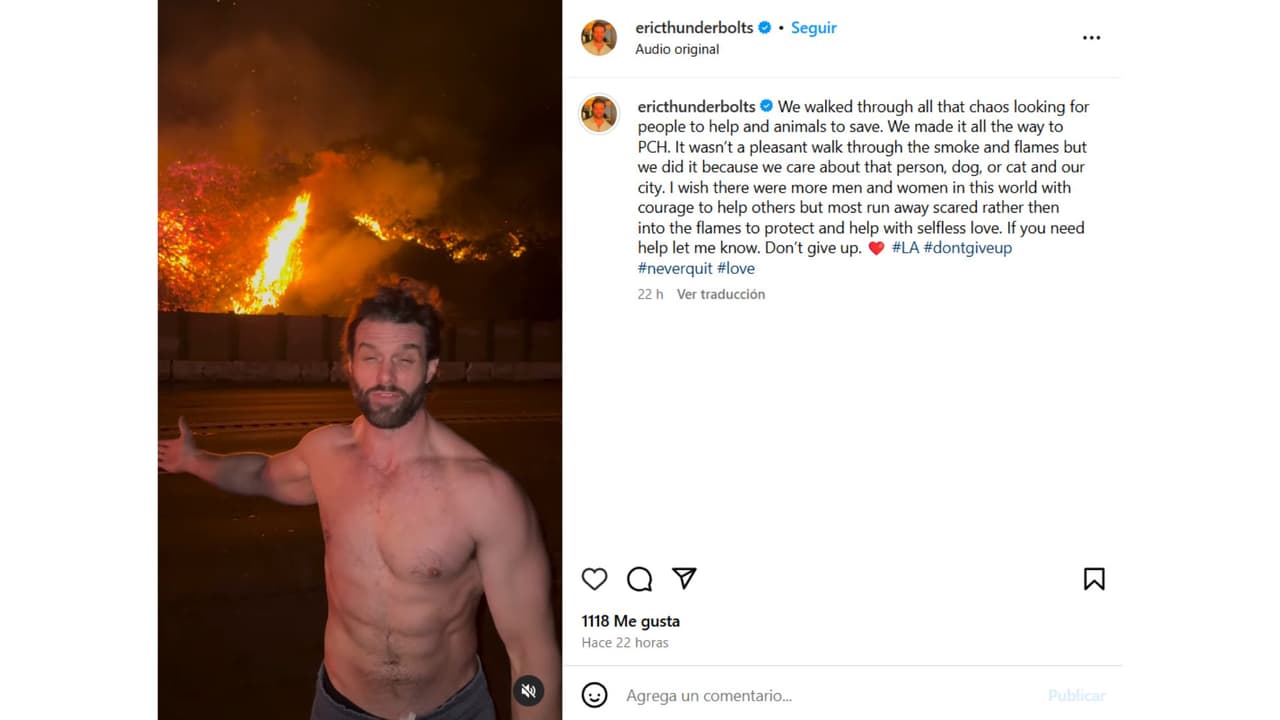 Eric Funderwhite desató críticas por aparecer sin camisa en medio de los incendios.