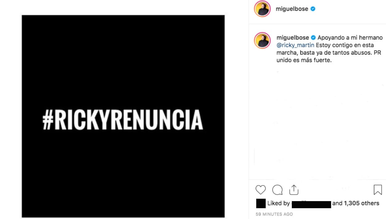 El cantautor español 
<b>Miguel Bosé</b> se solidarizó con la situación, de la cual conoció a través de Ricky Martin, y también pidió la renuncia del gobernador Rosselló.