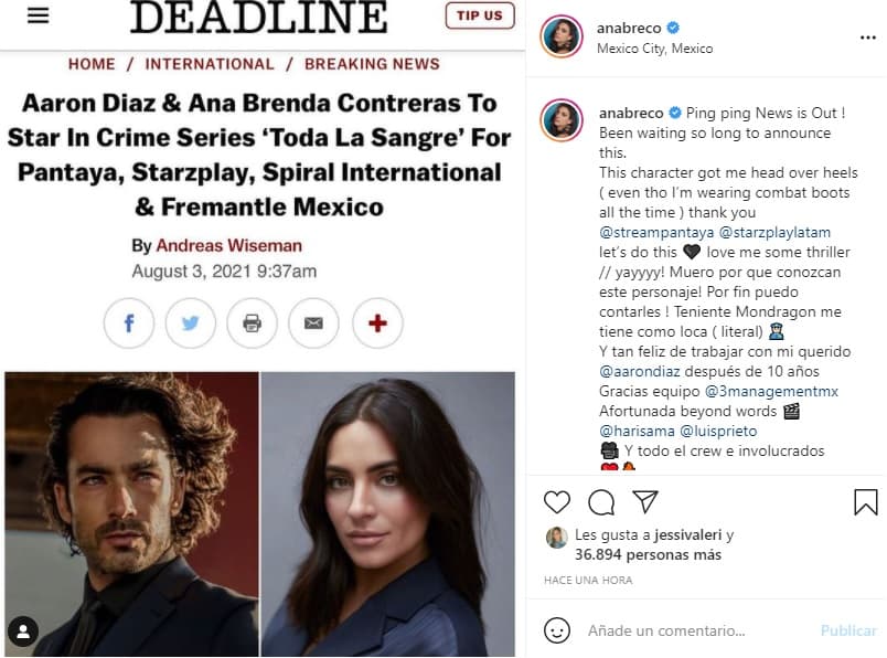 Ambos actores serán parte de 
<b>'Toda la sangre'</b>, un thriller criminal mexicano de 10 episodios en el que Ana Brenda interpretará el personaje de Teniente Modragón, contó en su cuenta oficial de Instagram.