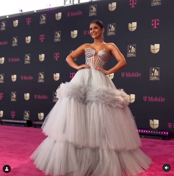 Su vestido de gasa strapples acaparó las miradas de los fotógrafos que lograron captar su llegada.