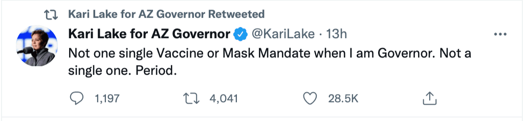 "No una sola vacuna o mandato de mascaras cuando yo sea gobernadora. No una sola. Punto.