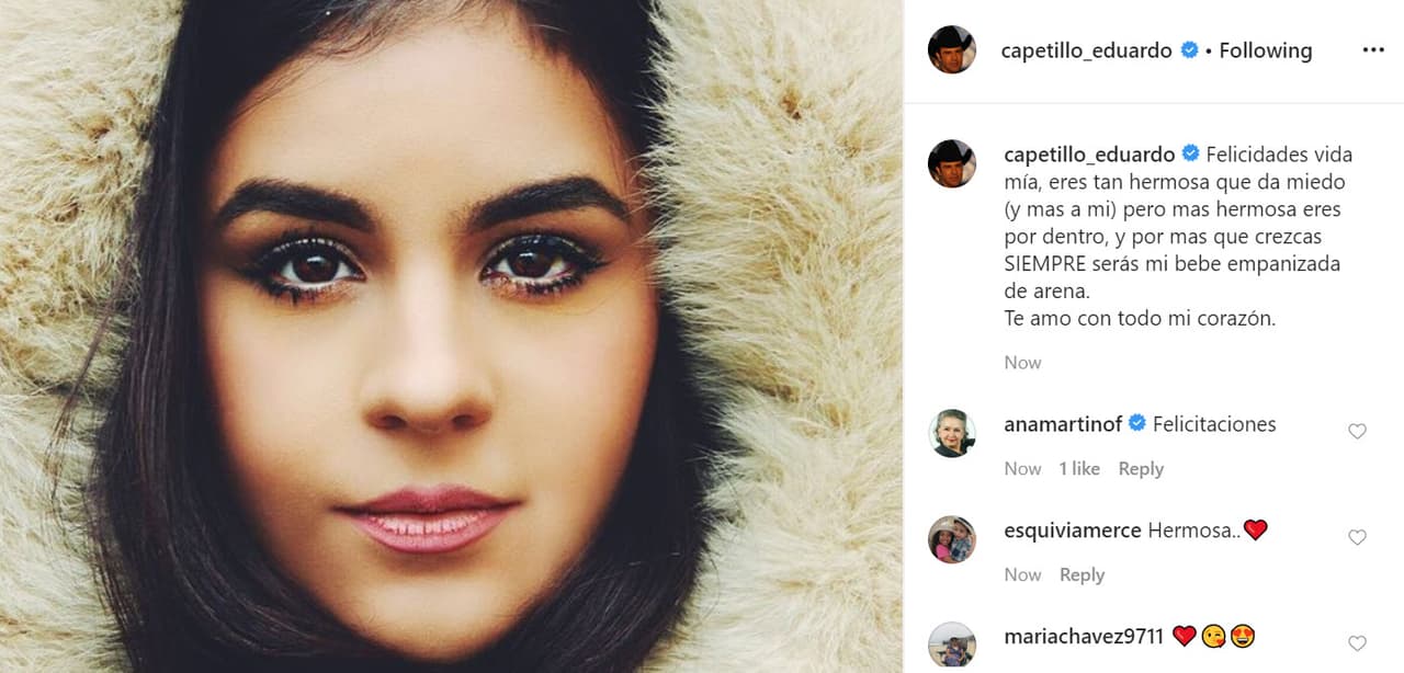 "Felicidades vida mía,
<b><a href="https://www.instagram.com/p/CAIfSTbFMYH/" target="_blank"> eres tan hermosa que da miedo</a></b> (y más a mí), pero más hermosa eres por dentro, y por más que crezcas siempre serás mi bebe empanizada de arena. Te amo con todo mi corazón".
<br>