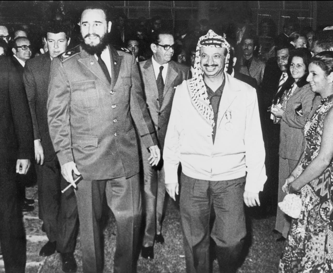 <b>Yasir Arafat (1928-2004).</b> El primer presidente de la Autoridad Nacional Palestina se encontró con Fidel Castro en varias ocasiones. La fotografía es de 1974, en una visita del líder palestino a La Habana.