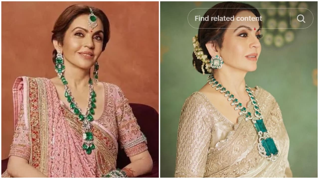 Nita Ambani lució en las festividades del matrimonio de su hijo Amant espectaculares esmeraldas con diamantes.