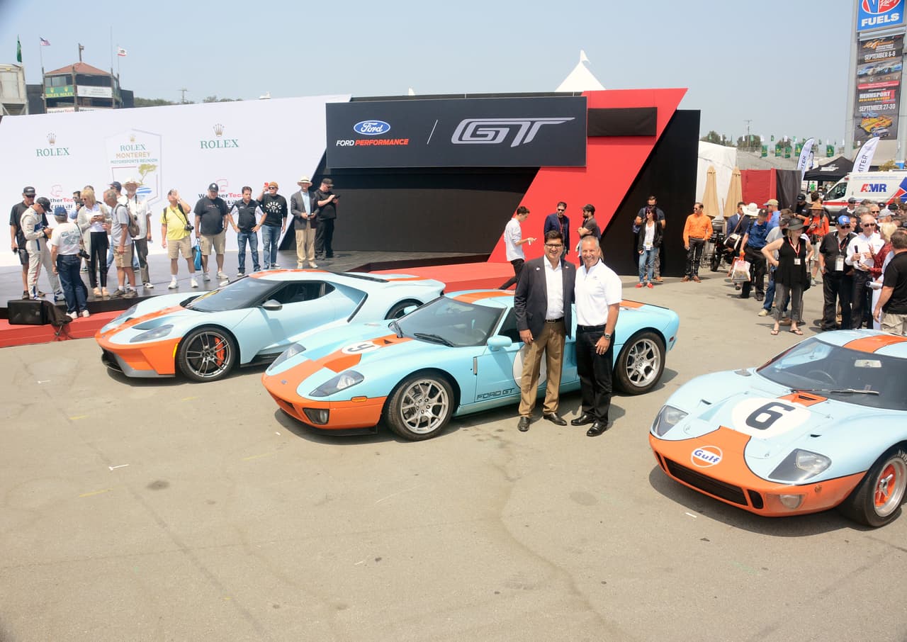 Joe Hinrichs (right), executive vice president and president of Global Operations, Ford Motor Company, and Ravi Chawla (left), managing director of Gulf Oil Lubricants India Limited, are shown with the 2019 Ford GT Heritage Edition celebrating the 50th anniversary of the 1968 and 1969 Le Mans-winning GT40 with limited-edition Gulf Oil tribute racing livery – auto racing’s most famous paint scheme.