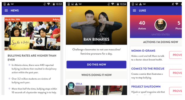 <b>Pasa a la acción</b>
<br>En la mayoría de ocasiones, no basta con leer una noticia y retuitearla o compartirla en Facebook. Ante la multitud de causas que necesitan el apoyo activo de la gente, 
<a href="https://itunes.apple.com/us/app/dosomething-take-action-on-the-news/id998995766?mt=8">DoSomething</a> presenta las noticias de actualidad acompañadas con propuestas para tomar partido: contra la pobreza, la contaminación, la discriminación…
<br>