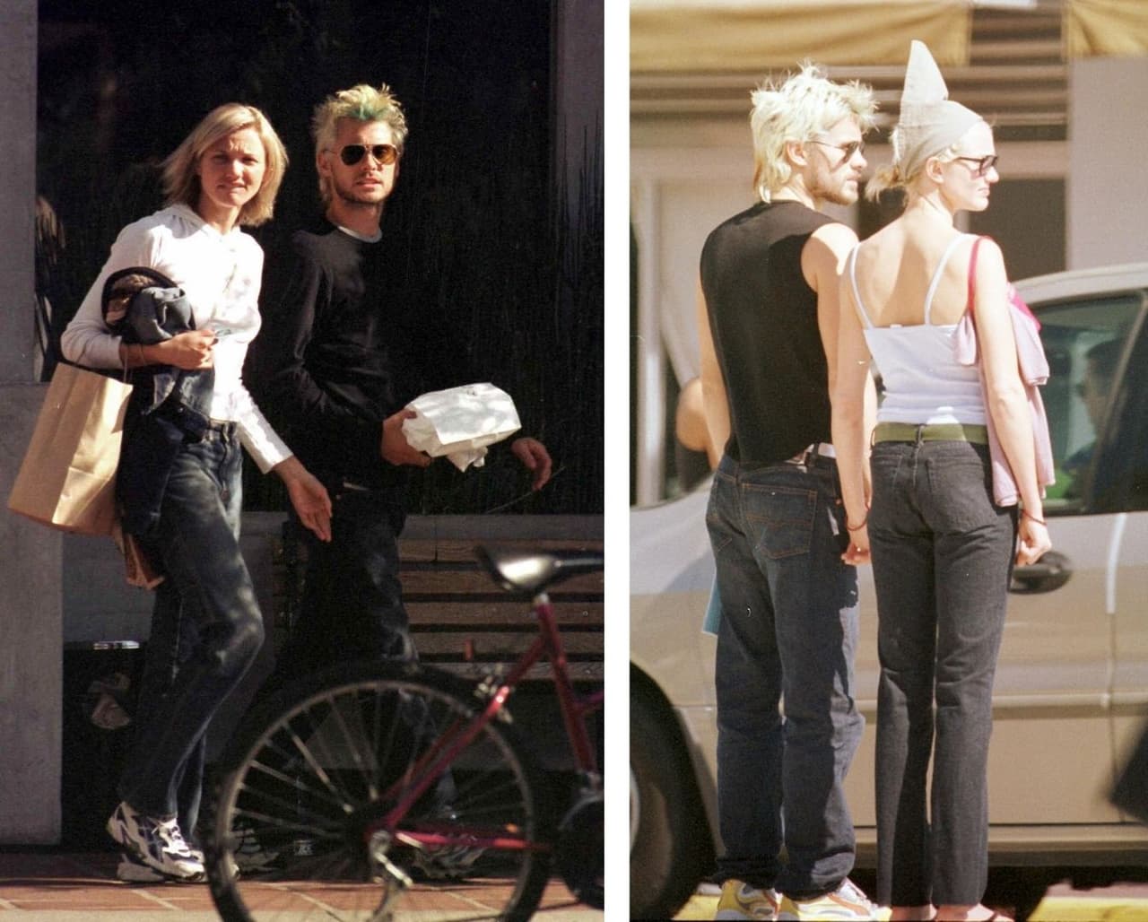 <b>#4 Cameron Diaz y Jared Leto</b>
<br>A finales de los noventa e inicios de del 2000, los actores mantuvieron un noviazgo de bajo perfil, pero eso no evitó que fueran captados por las cámaras de los paparazzis cuando, al igual que Kim y Pete, sorprendieron con su pelo rubio platinado.