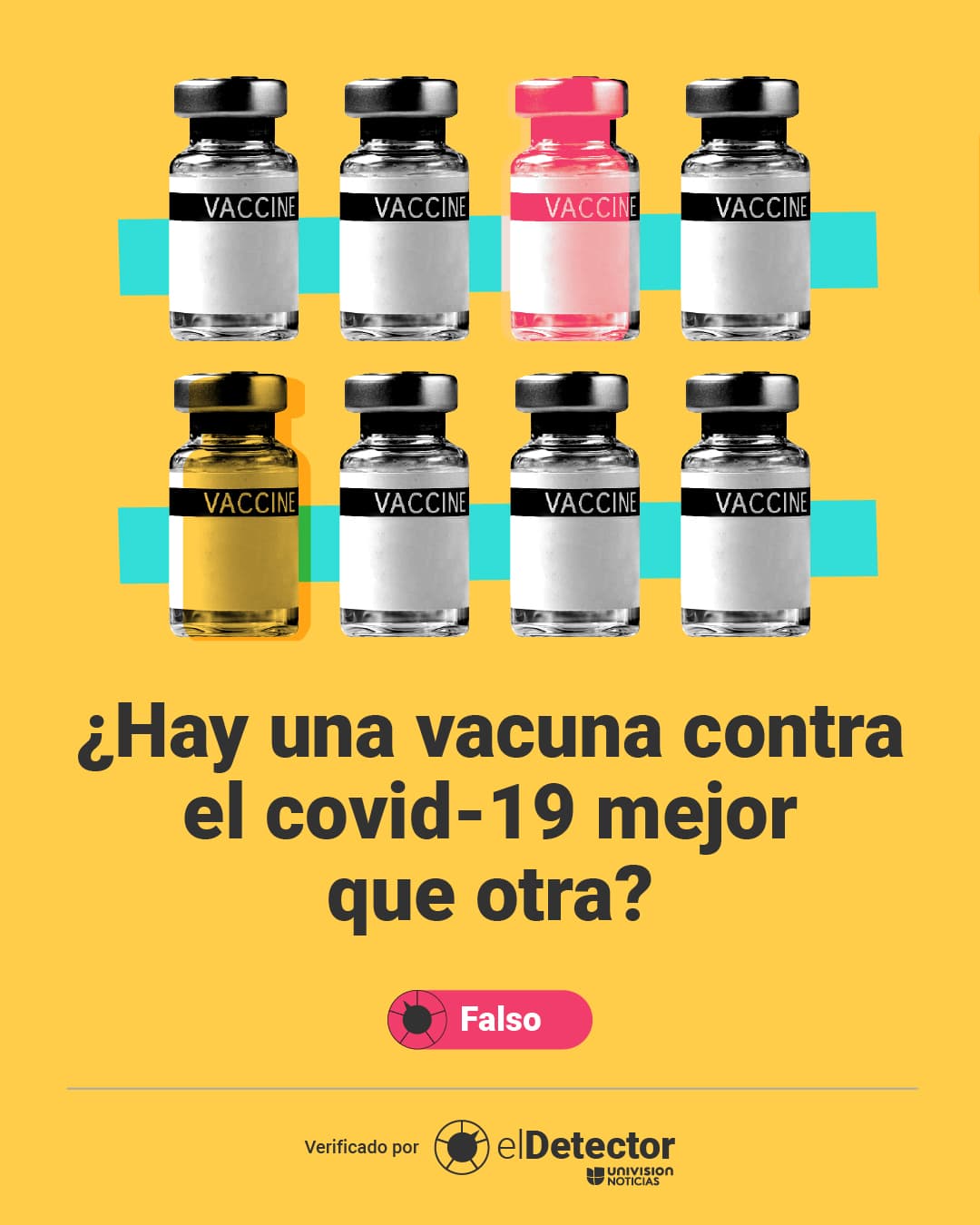 Hay diferencias en el número de dosis, porcentaje de eficacia y tiempo en el que comienzan a hacer su "trabajo" 
<a href="https://www.univision.com/noticias/podemos-decir-que-hay-una-vacuna-contra-el-covid-19-mejor-que-otra-esto-es-lo-que-sabemos">Aquí puedes leer la verificación completa de <b>El Detector.</b></a>
<br>
