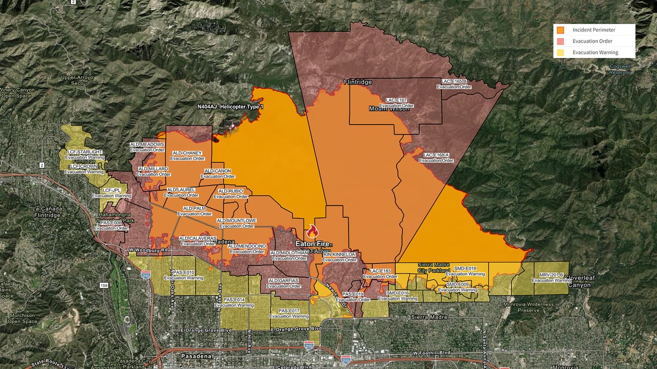 <h2 class="cms-H2-H2"><b>Eaton Fire</b></h2>
<br>Tamaño: 14,117 acres con 17% de contención
<br>Fatalidades civiles: 16
<br>Personas heridas: 5 (todos bomberos)
<br>Estructuras destruidas: 180
<br>
<br>
<b>Órdenes de evacuación:</b>
<br>ALD-ARROYOSECO, ALD-CALAVERAS, ALD-CANON, ALD-CASITAS, ALD-CHANEY, ALD-EASTLOMA, ALD-EATONCANYON, ALD-FARNSWORTH, ALD-GARDEN, ALD-LAUREL, ALD-MEADOWS, ALD-MENDOCINO, ALD-MIDLOTHIAN, ALD-MILLARD, ALD-MOUNTLOWE, ALD-PALM, ALD-RUBIO, ALD-WAPELLO, ALD-WHITEPARK, KIN-KINNELOA, LAC-E165-B, LAC-E167, LAC-E168-A, LAC-E183, PAS-E019, PAS-E022-A. (
<a href="https://www.fire.ca.gov/incidents.html" target="_blank">Mapa 3D en este enlace</a>)
