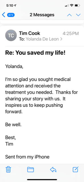 El domingo pasado Yoli le contó su historia al CEO de Apple, no pensó recibir una respuesta tan rápida. El le dice que su historia los inspira a continuar el trabajo que hacen.