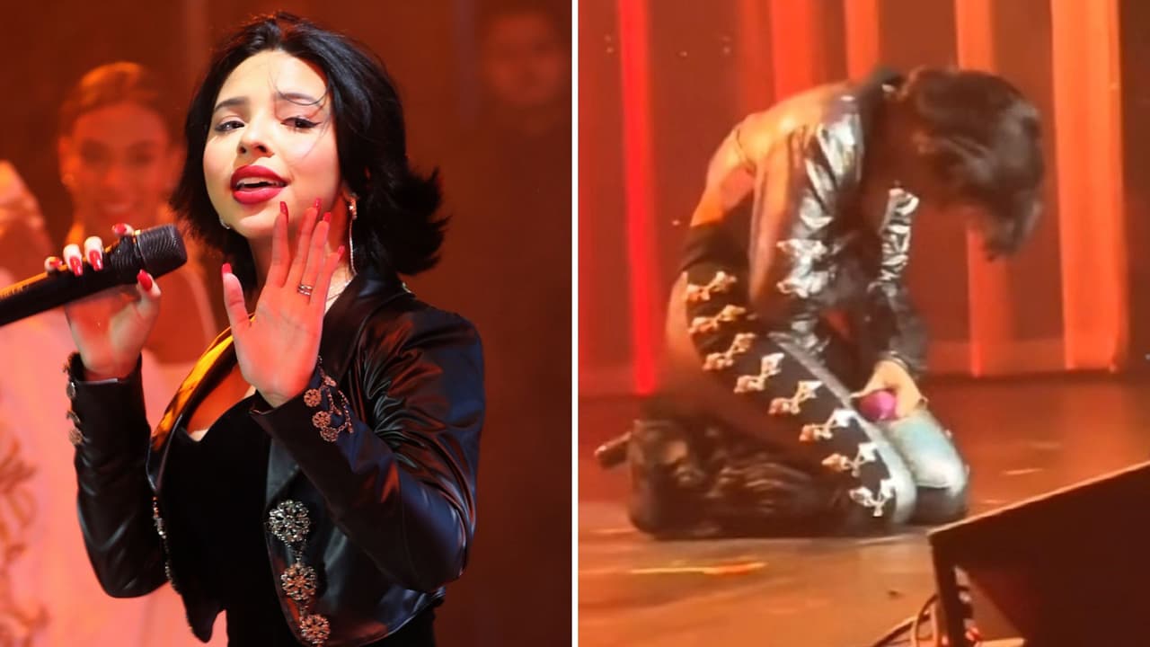 Ángela Aguilar se arrodilla frente al público: le gritan “no estás sola” en medio de la polémica