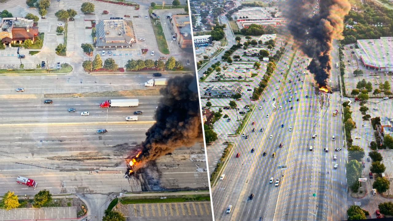 Varios carriles de la US-75 permanecieron cerrados tras el fuerte choque e incendio de un camión cerca de Plano, Texas.