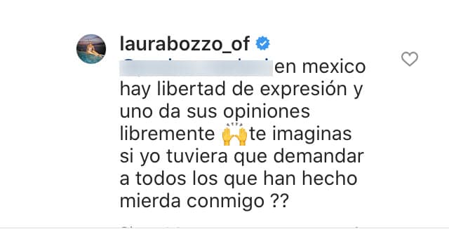 "
<b><a href="https://www.univision.com/famosos/en-mexico-hay-libertad-de-expresion-laura-bozzo-reacciona-ante-la-denuncia-de-gabriel-soto-e-irina-baeva-fotos" target="_blank">En México hay libertad de expresión </a></b>y uno da sus opiniones libremente. ¿Te imaginas si yo tuviera que demandar a todos los que han hecho mierda conmigo?"
<br>
<br>