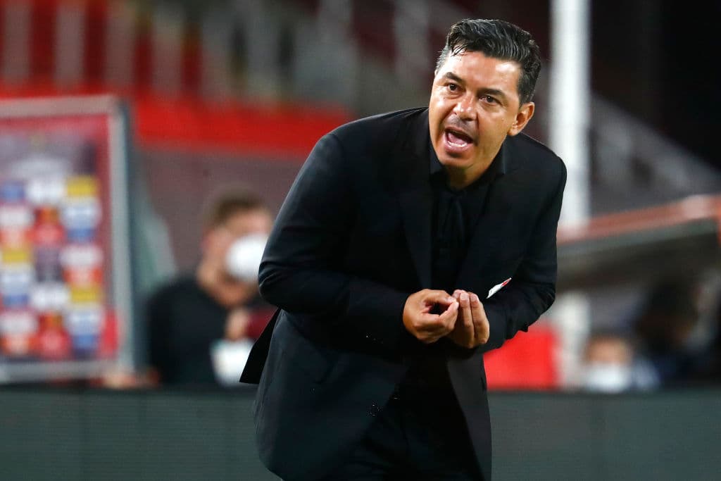 AVELLANEDA, ARGENTINA - JANUARY 05: Marcelo Gallardo coach of River Plate reacts during a first leg semifinal match between River Plate and Palmeiras as part of Copa CONMEBOL Libertadores 2020 at Estadio Libertadores de América on January 05, 2021 in Avellaneda, Argentina. (Photo by Marcos Brindicci - Pool/Getty Images)