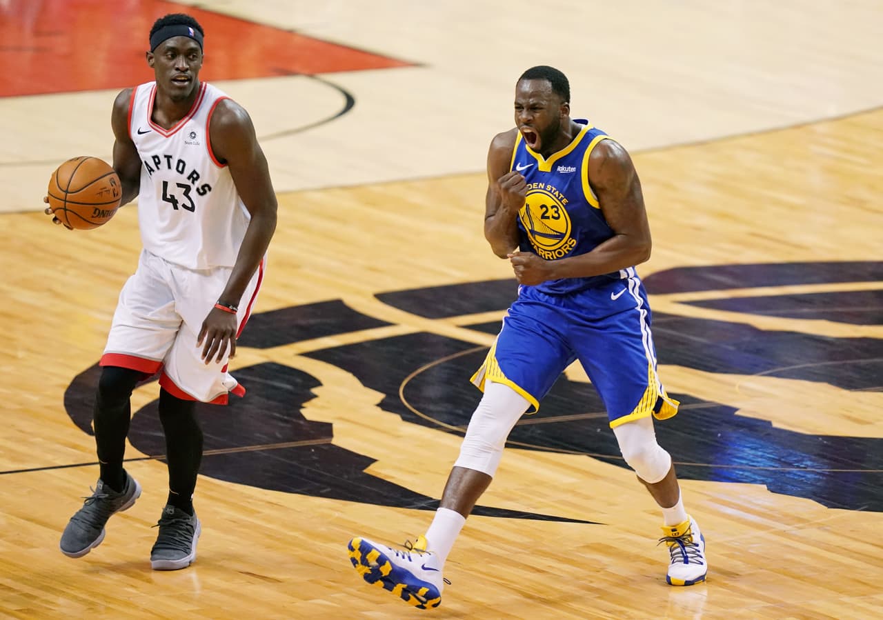 Jun 2, 2019; Toronto, Ontario, CAN; Golden State Warriors forward Draymond Green (23) reacts after being called for a reaching foul against Toronto Raptors forward Pascal Siakam (43) during the second quarter in game two of the 2019 NBA Finals at Scotiabank Arena. Mandatory Credit: Kyle Terada-USA TODAY Sports