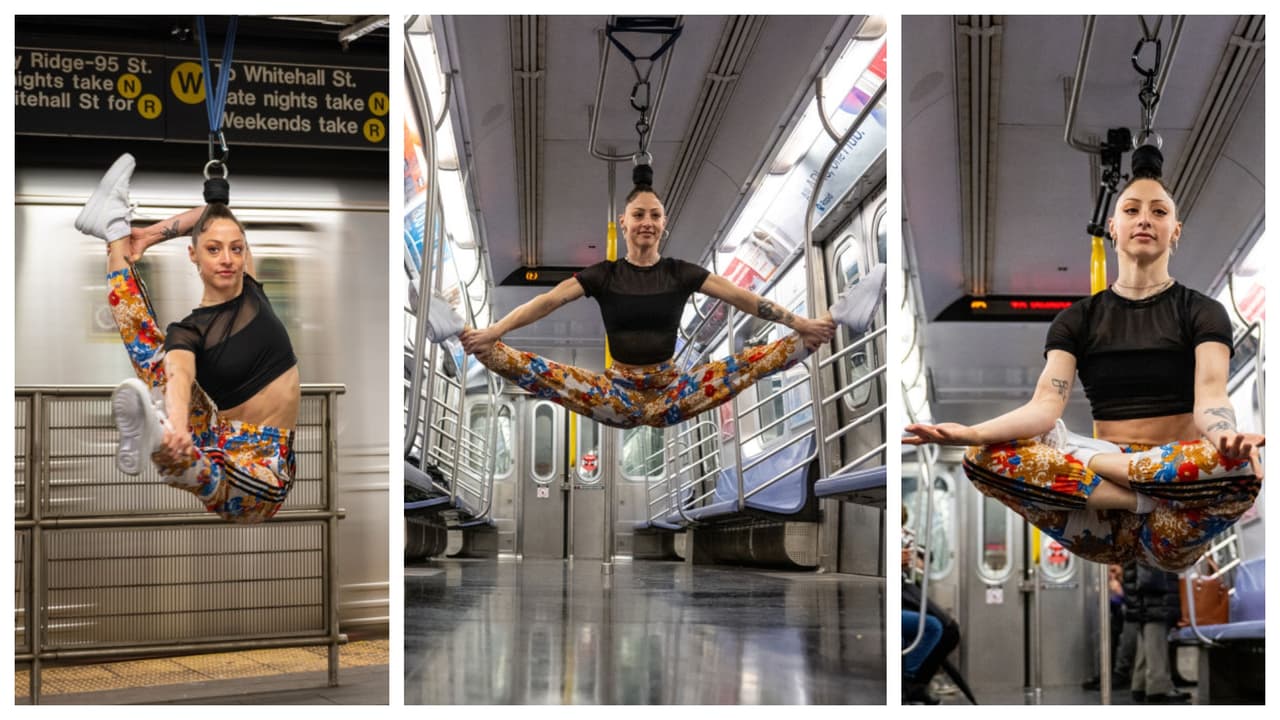 Mujer de NYC se gana la vida colgándose de los cabellos en el subway de NYC