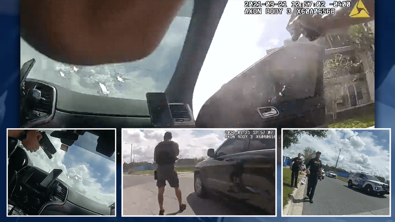 Cámara corporal muestra cómo dos agentes reciben una lluvia de balas de tres jóvenes en bicicleta en Orlando