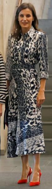<b>Doña Letizia</b> llegó al lugar con un conjunto estampado de 
<i>animal print</i> en tonos grises y negros.
<br>