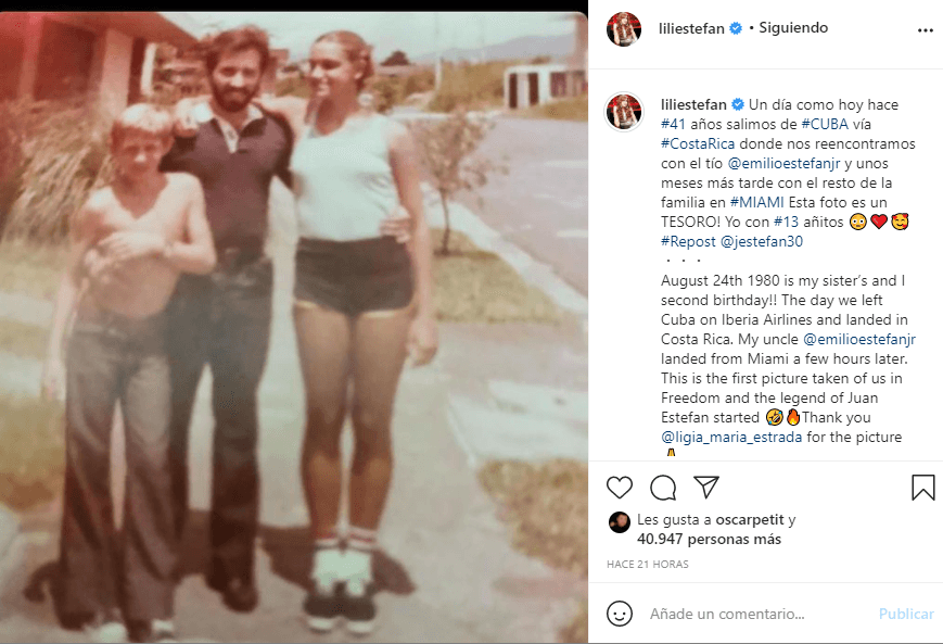 "Un día como hoy hace 
<a href="https://www.instagram.com/explore/tags/41/">#41</a> años salimos de 
<a href="https://www.instagram.com/explore/tags/cuba/">#CUBA</a> vía 
<a href="https://www.instagram.com/explore/tags/costarica/">#CostaRica</a> donde nos reencontramos con el tío 
<a href="https://www.instagram.com/emilioestefanjr/">@emilioestefanjr</a> y unos meses más tarde con el resto de la familia en 
<a href="https://www.instagram.com/explore/tags/miami/">#MIAMI</a> Esta foto es un TESORO! Yo con 
<a href="https://www.instagram.com/explore/tags/13/">#13</a> añitos 😳❤️🥰", escribió La Flaca.