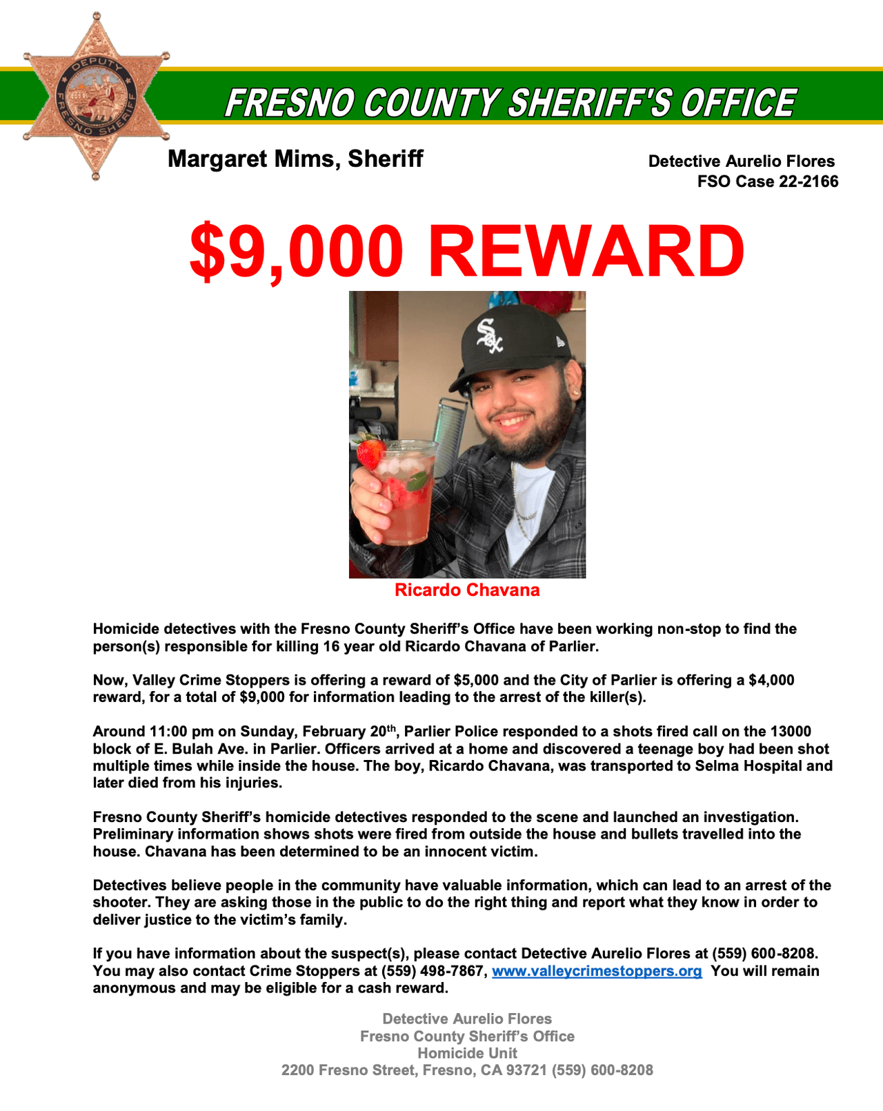 “Necesito la ayuda del público. El Departamento de 
<a href="https://www.univision.com/local/fresno-kftv/remueven-cargo-jefe-policia-parlier">Policía de Parlier</a> y crime stoppers van a pagar $9,000 para ayudar en información de este caso donde Ricardo 
<b>es una víctima inocente”</b>, dijo Aurelio Flores, Detective del Alguacil del condado de Fresno.