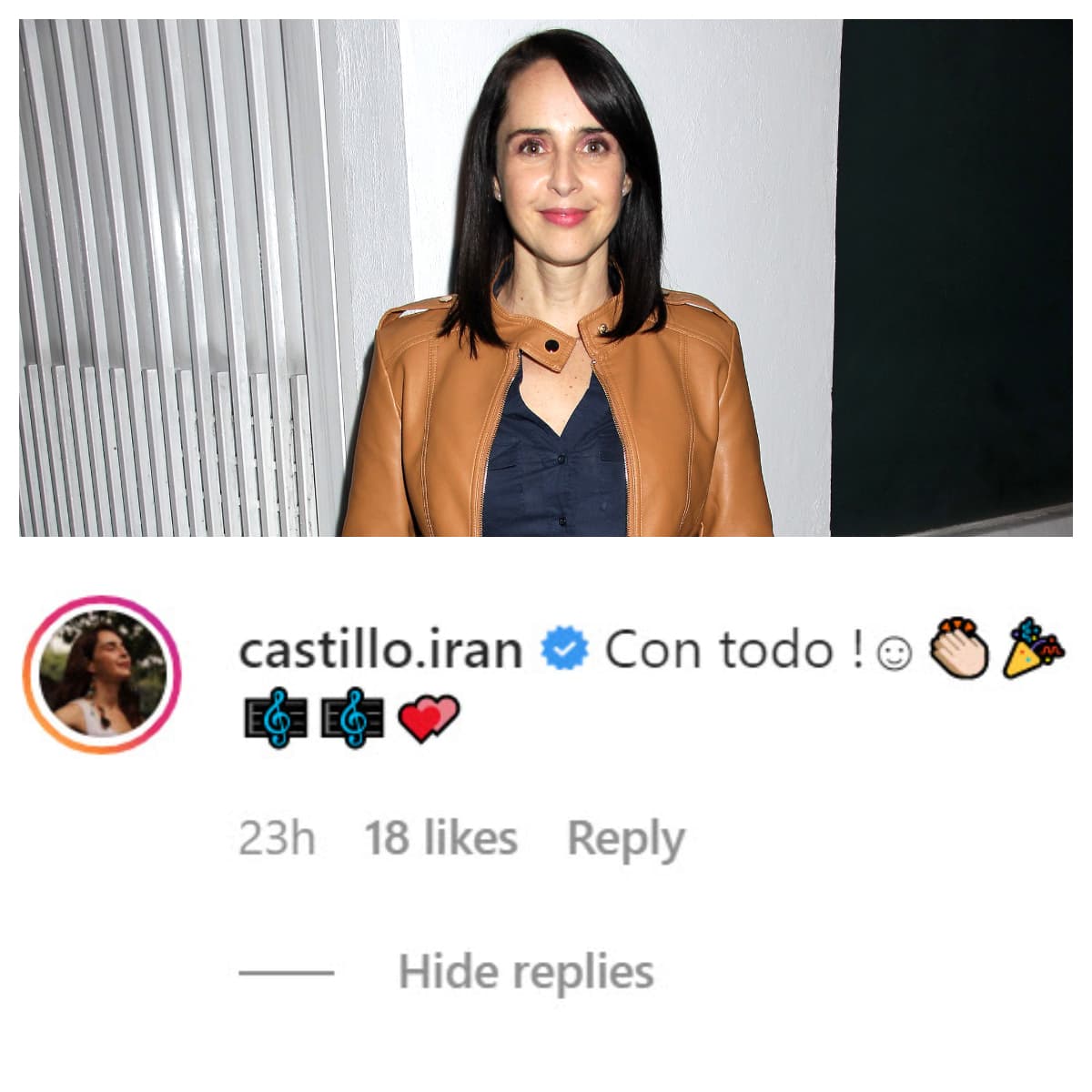 Fue entonces que 
<b><a href="https://www.univision.com/famosos/jessica-diaz-ariadne-diaz-iran-castillo-estos-son-los-famosos-amores-de-jose-ron-fotos" target="_blank">Irán Castillo</a></b>, su ex, apareció y le dejó el siguiente mensaje: "¡Con todo!", mostrándole su apoyo. 
<br>