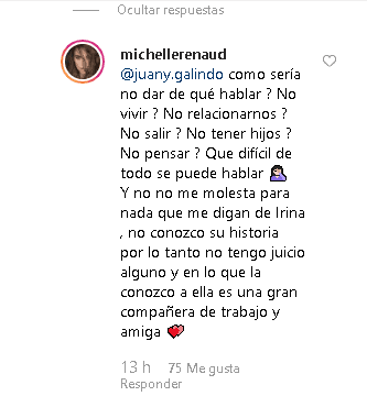 En respuesta, Michelle Ranaud comentó: "No, 
<b>no me molesta para nada que me digan de 'Irina'</b>, no conozco su historia por lo tanto no tengo juicio alguno, y en lo que la conozco a ella es una gran compañera de trabajo y amiga".
