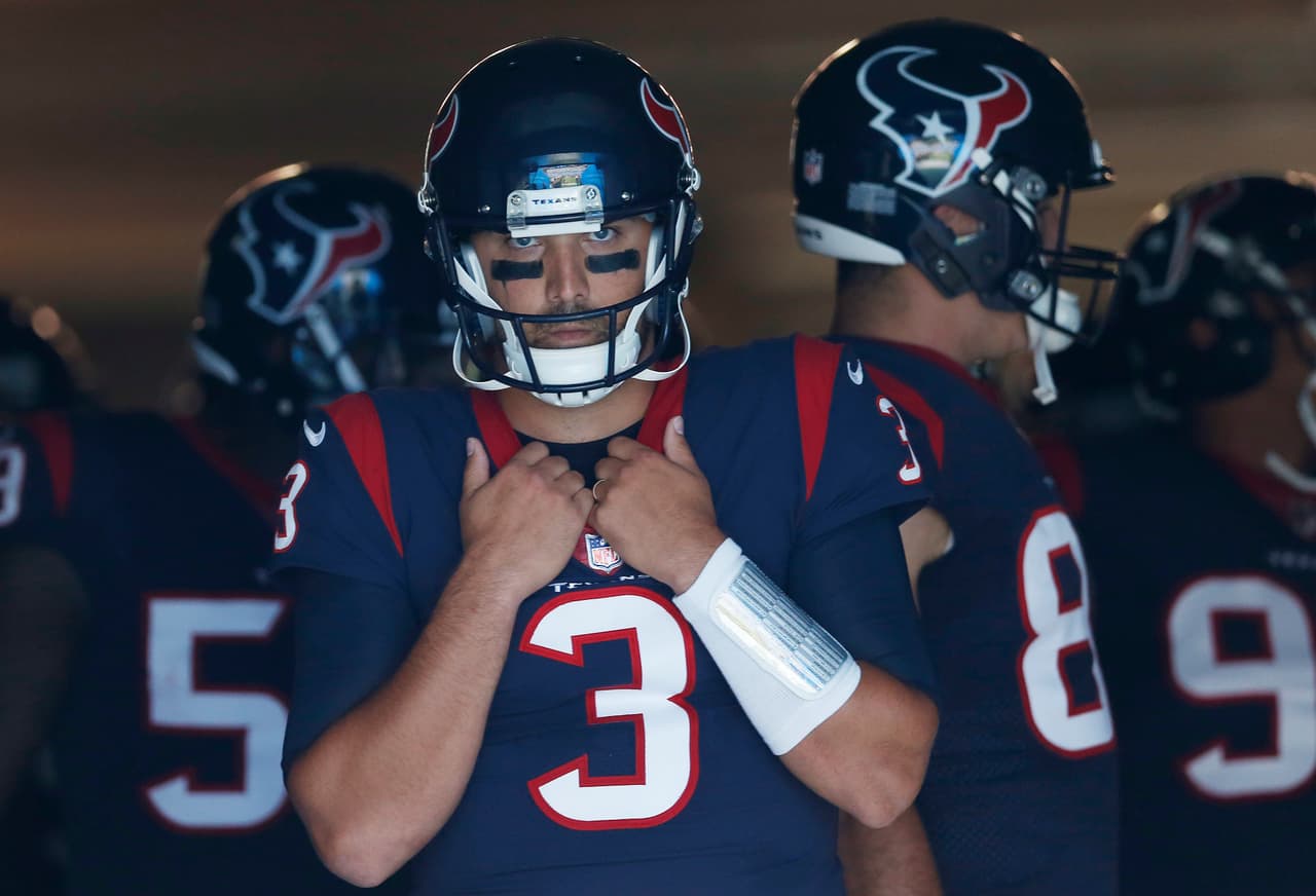 Houston Texans quarterback Tom Savage (3) prepares to enter the field before the first half of an NFL preseason football game between the Carolina Panthers and the Houston Texans, Wednesday, Aug. 9, 2017, in Charlotte, N.C. (AP Photo/Jason E. Miczek)
