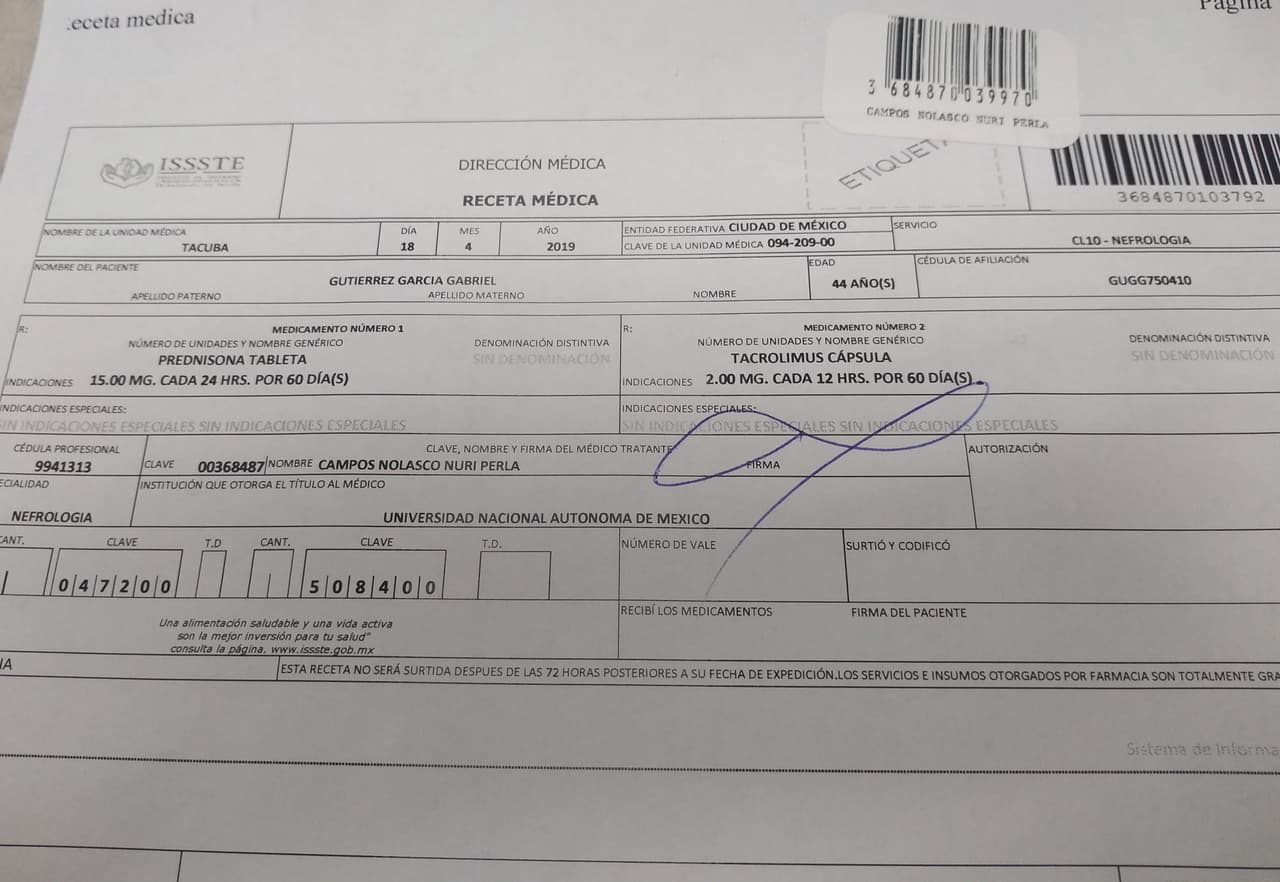 Receta emitida por el ISSSTE a Gabriel Gutiérrez que no fue surtida por falta del medicamentos.