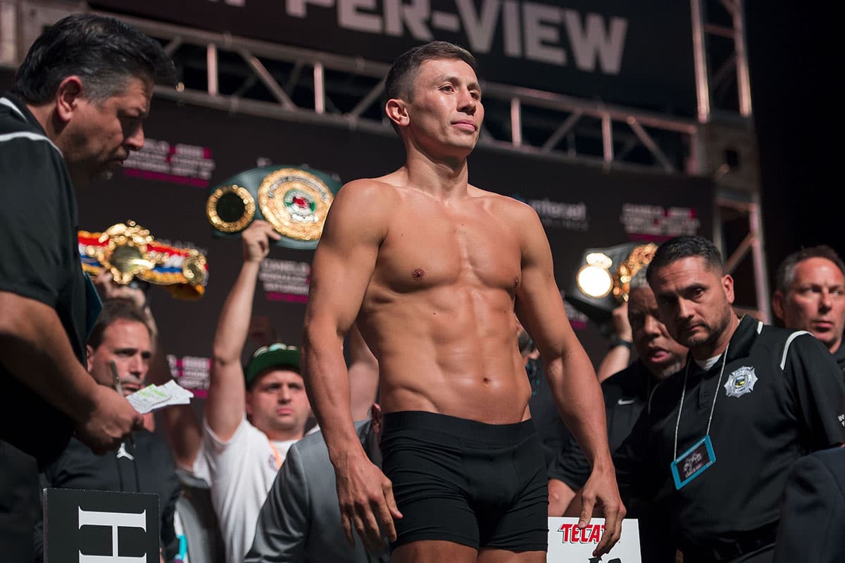 Foto de accion durante el pesaje oficial previo a la pelea Saúl "Canelo" Álvarez vs Gennady Golovkin 2 realizado en el MGM Hotel Casino en Las Vegas, Nevada. Action photo during the official weigh-in prior to the fight Saul "Canelo" Álvarez vs. Gennady Golovkin 2 performed at the MGM Hotel Casino in Las Vegas, Nevada. EN LA FOTO: