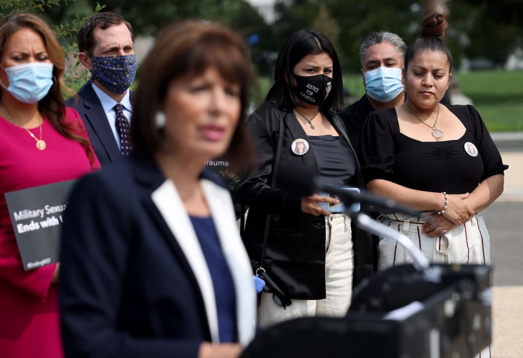 US Rep. Jackie Speier (D-CA) speaks during a press conference as Gloria Guillen (R), mother of 20-year-old murder victim U.S. Army Private First Class Vanessa Guillen, and her daughter Lupe (2nd R) look on outside the U.S. Capitol on September 16, 2020 in Washington, DC.