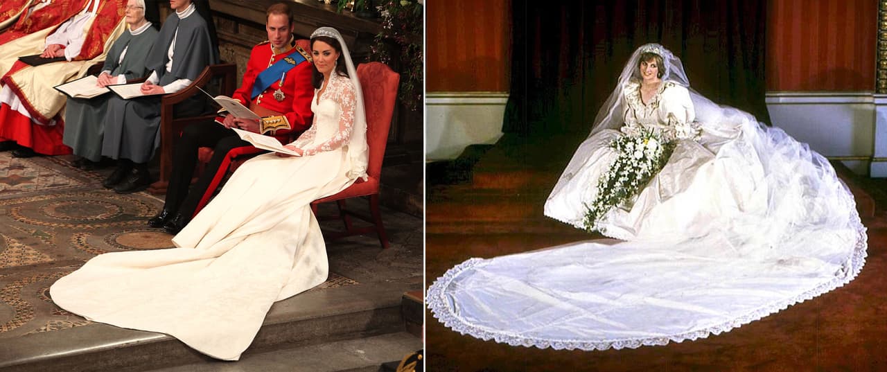 Aunque las décadas los separaban, el vestido de matrimonio de Kate Middleton fue en muchos sentidos una evocación a ese blanco, de mangas largas, escote en v y larga cola que usó Diana Spencer en su matrimonio. Las fotografías que capturaban gestos y posturas parecidas durante la boda serían apenas unas incipientes similitudes que se fueron acentuando conforme Kate Middleton se hizo más notoria en la realeza.