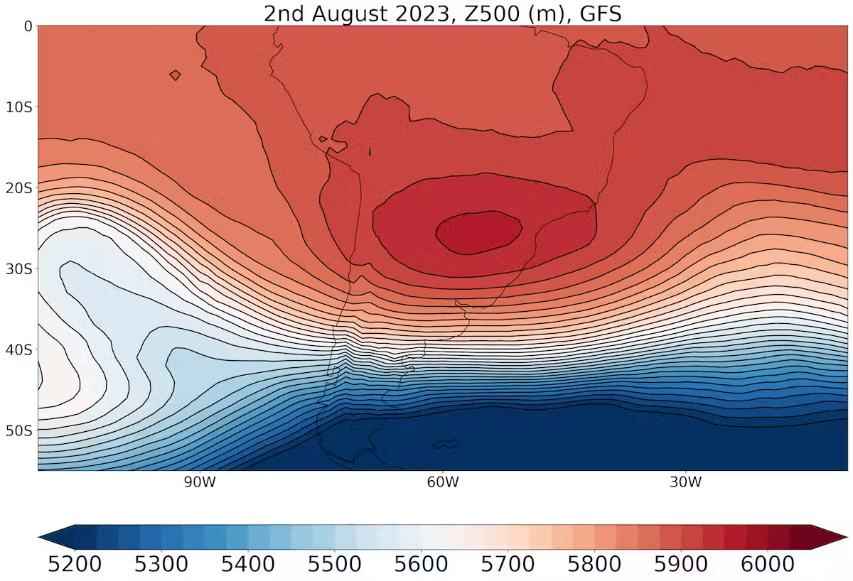 El anticiclón de bloqueo que está provocando la ola de calor entre Chile y Argentina. GFS analysis data.