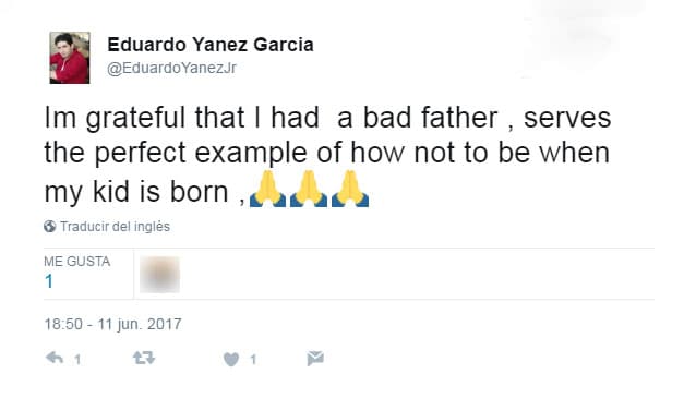 "Soy agradecido de que tuve un mal padre, sirve como ejemplo perfecto de cómo no ser cuando nazca mi hijo 🙏🙏🙏".