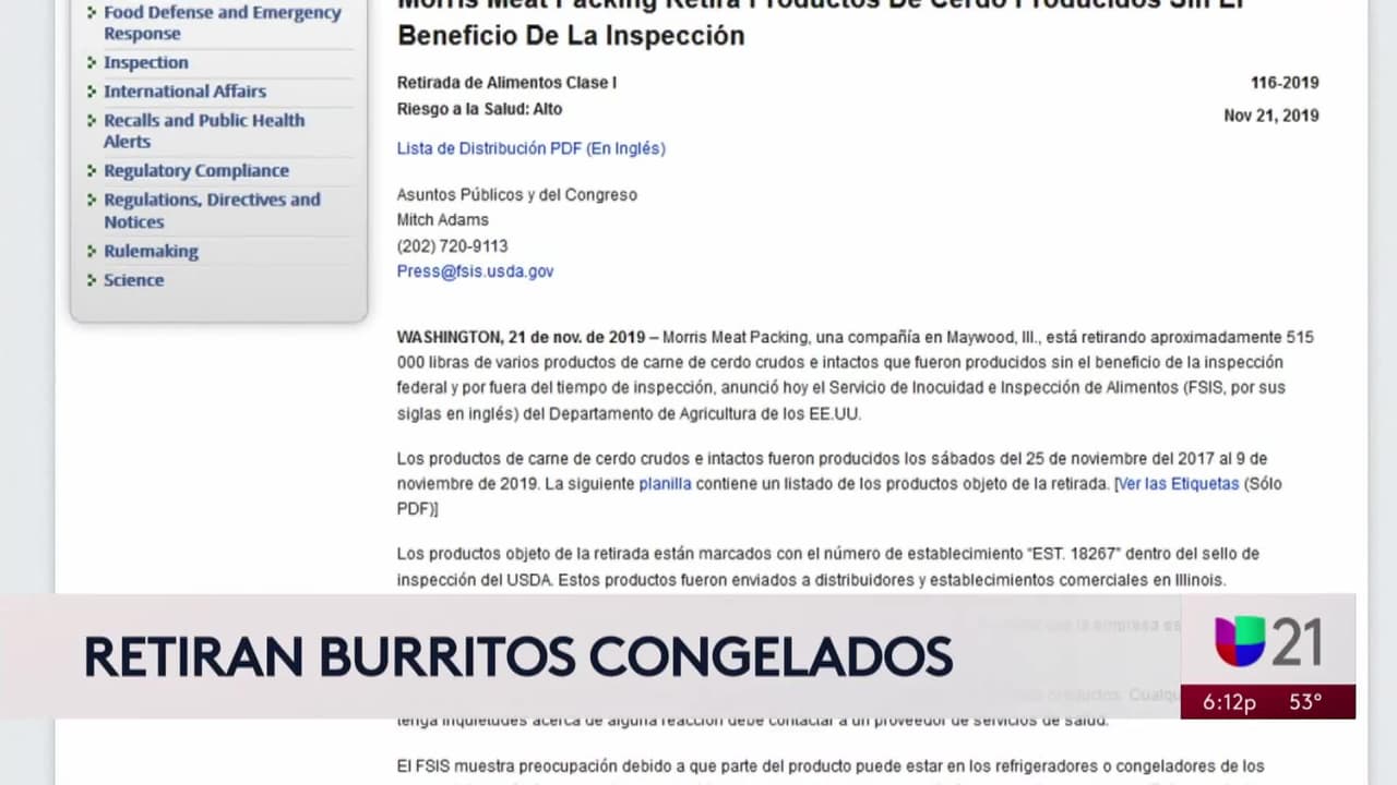 Retiran del mercado 50 mil libras de burritos congelados El Monterey por encontrar piezas de plástico 
