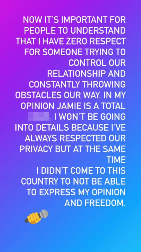 "Ahora es importante que la gente entienda que 
<b><a href="https://www.univision.com/famosos/abogado-de-britney-spears-compara-el-estado-mental-de-la-cantante-con-el-de-un-paciente-en-coma-esta-es-la-razon-fotos">no tengo ningún respeto</a></b> por alguien que intenta controlar nuestra relación y constantemente nos lanza 
<b>obstáculos</b>", se lee al inicio del mensaje.
<br>