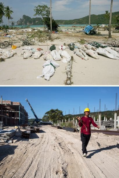 En 2004, decenas de cuerpos cubrían la bahía dde Ton Sai en espera de ser transportados en barco hacia Phuket y Krabi. En la imagen de abajo, un trabajador de construcción camina por el lugar. Ahora se construyen nuevos edificios.