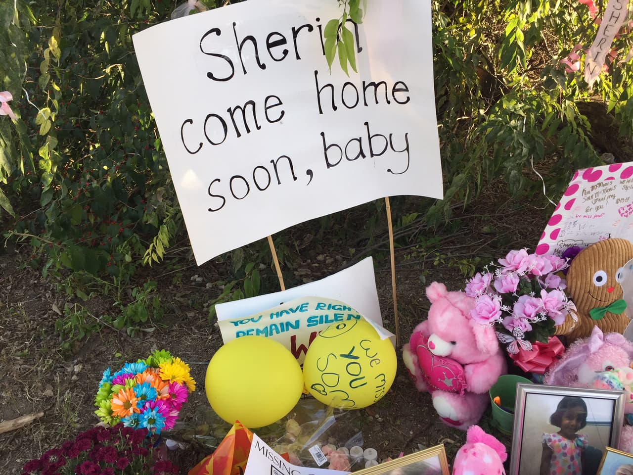 "Sherin vuleve pronto, bebé", se lee en este letrero rodeado de peluches y flores.