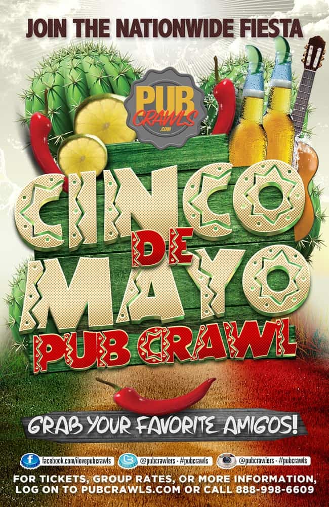 <b>Evento</b>: Philadelphia Official Cinco De Mayo Bar Crawl
<br>
<b>Fecha</b>: 5 de mayo
<br>
<b>Lugar: </b>Varios
<br>
<b>Sitio web</b>: 
<a href="https://pubcrawls.com/city/philadelphia-pa/">https://pubcrawls.com/city/philadelphia-pa/</a> 
<br>
<br>Conoce gente nueva en un ambiente divertido, festivo y social mientras vas de bar en bar y pruebas todo. Aquí se podrán degustar margaritas, cervezas, mojitos y, por supuesto, tequilas.