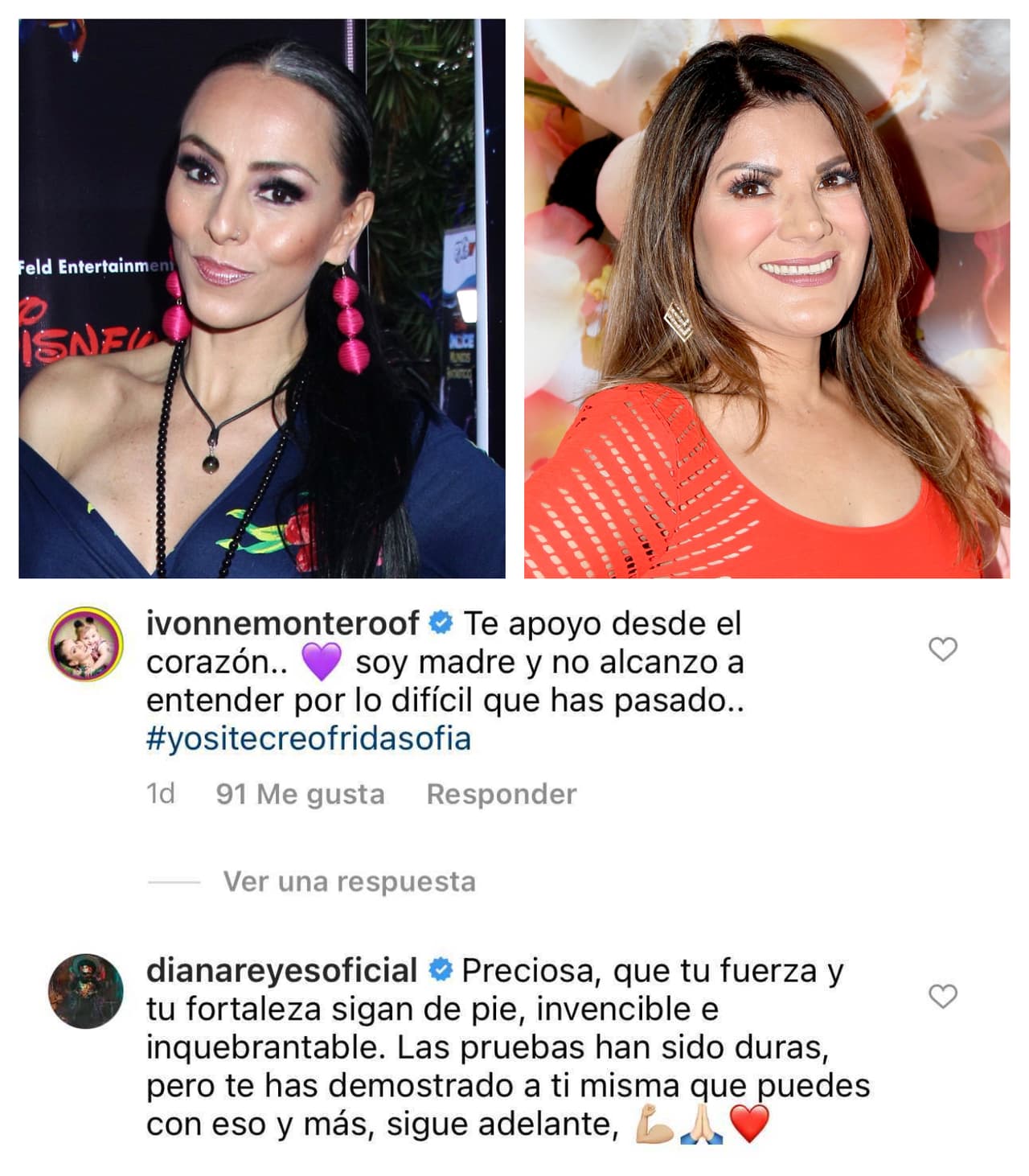 <b>Diana Reyes</b> e
<b>Ivonne Montero</b> han sido otras famosas que se han unido a Frida Sofía y le han dejado muestras de solidaridad.