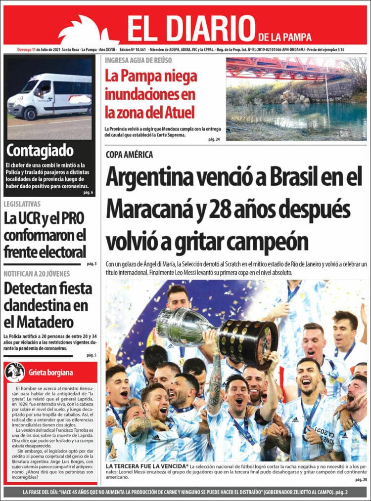 Argentina rompe la maldición y 28 años después consigue, de la mano de Lionel Messi, el título de campeones de la Copa América. La prensa argentina enaltece la hazaña, así como la prensa internacional del continente americano.