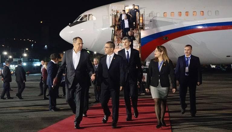 Russian Foreign Minister Sergey Lavrov, on the left, meets Venezuelan Foreign Minister Jorge Arreaza in Caracas on February 6, 2020.
