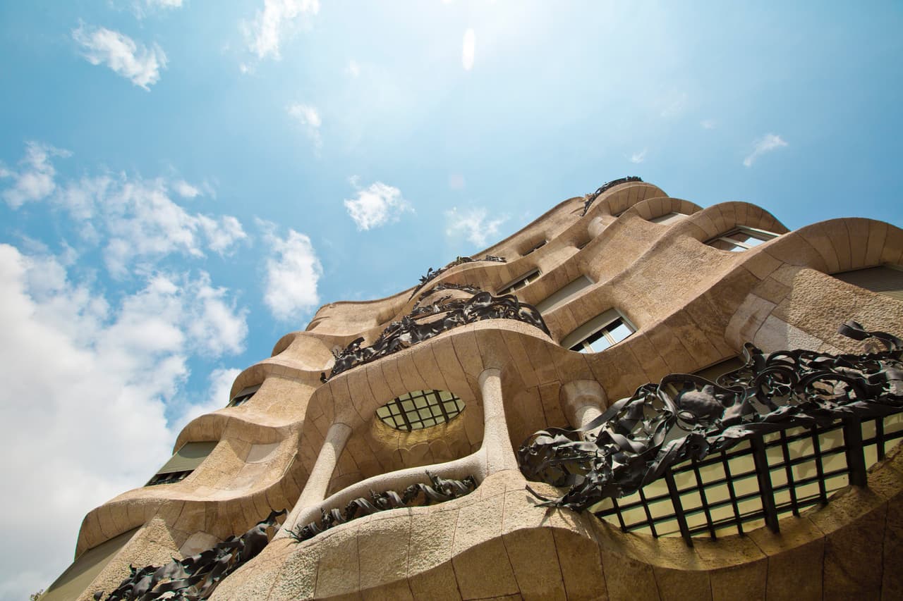 Gaudi's
<b>Casa Milà</b>, viewed from below the famous balconies.